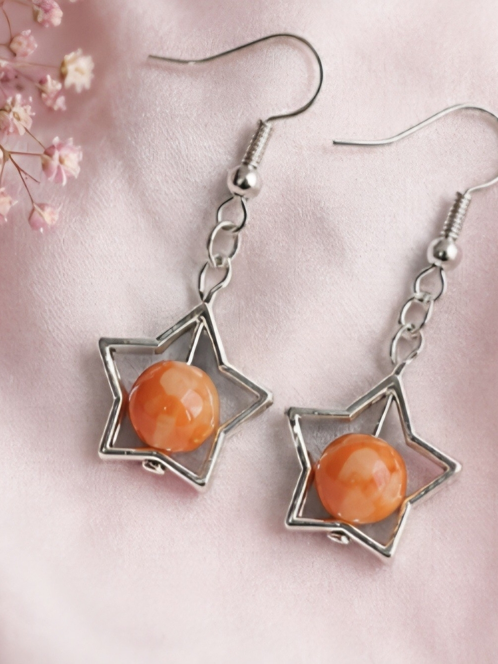 Silver Star Drop Earrings with Orange Accent Beads